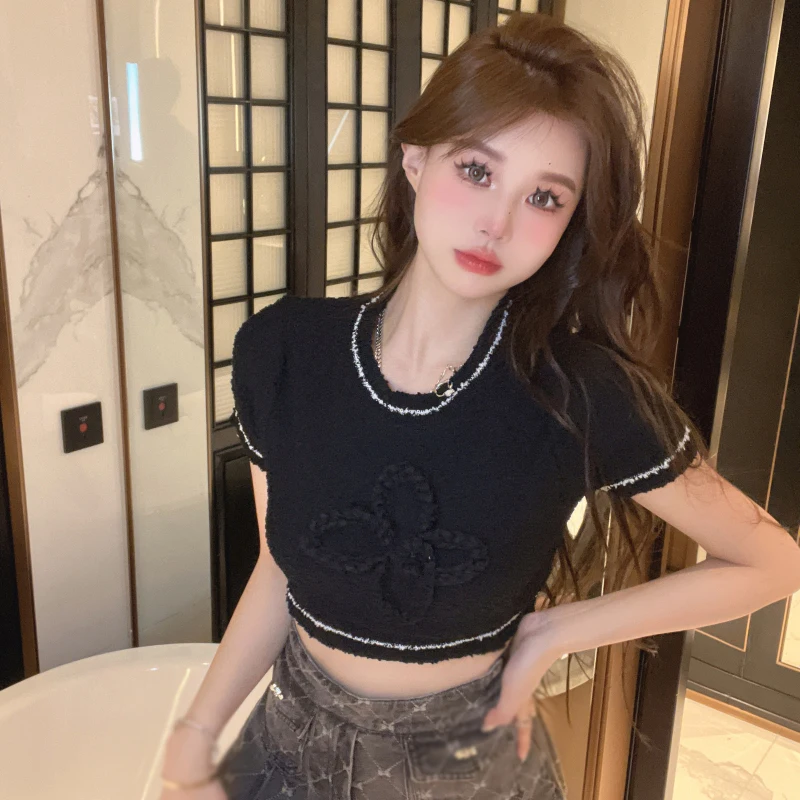 Korean Version Summer Round Neck Three-dimensional Flower Sweet Slim Sexy Crop Wool Knitted Short Sleeve Short sleeve T-shirt