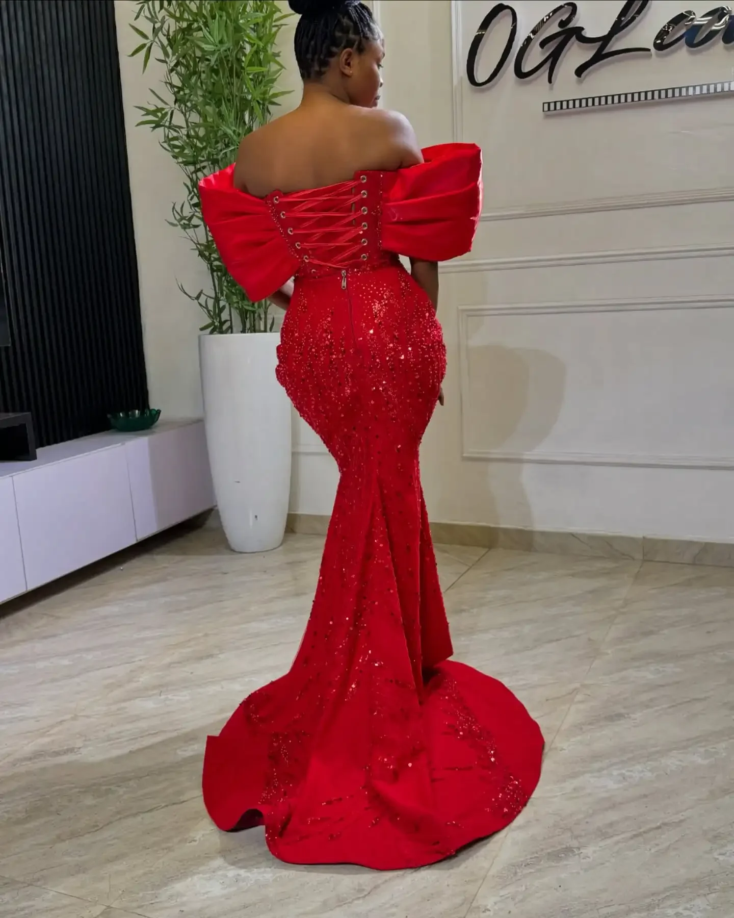 Exquisite Red Mermaid Evening Dresses For Black Girls Off The Shoulder Party Gowns With Sequins Lace Up Long Dress  Customized