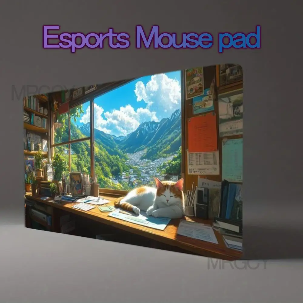 Cute Sleeping Cat Desk Pad Anti‑Slip Rubber Mousepad Anime Window Mountain Valley Scenery Blue Sky Cloud Large Gaming Mat