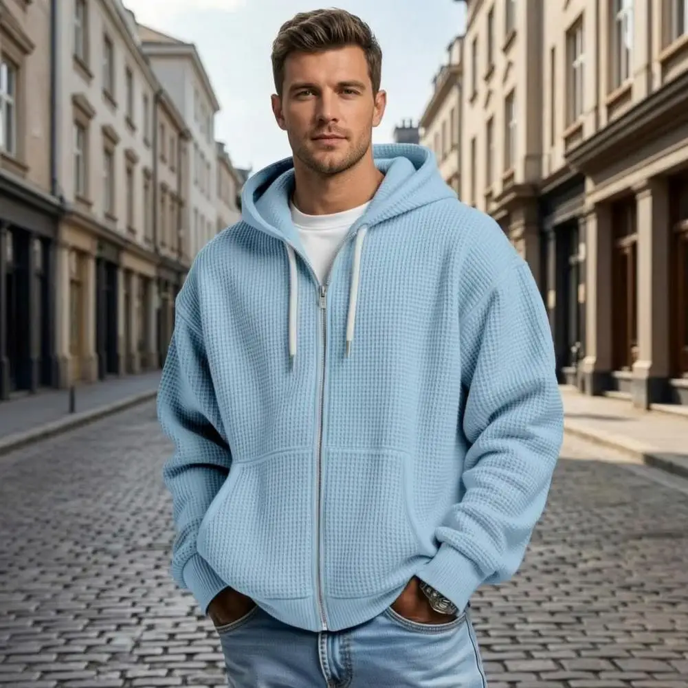Men’s Casual Hoodie Solid Color Brushed Fleece Material Zip Front Drawstring Hood And Functional Pockets For Everyday Style