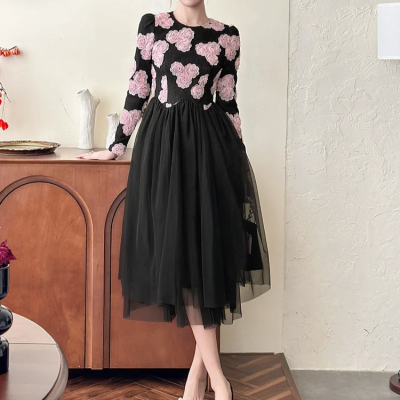 

Французское 3D цветочное марлевое платье с вышивкой, женское контрастное винтажное газовое платье с длинными рукавами для свадебной вечеринки, элегантное женское платье