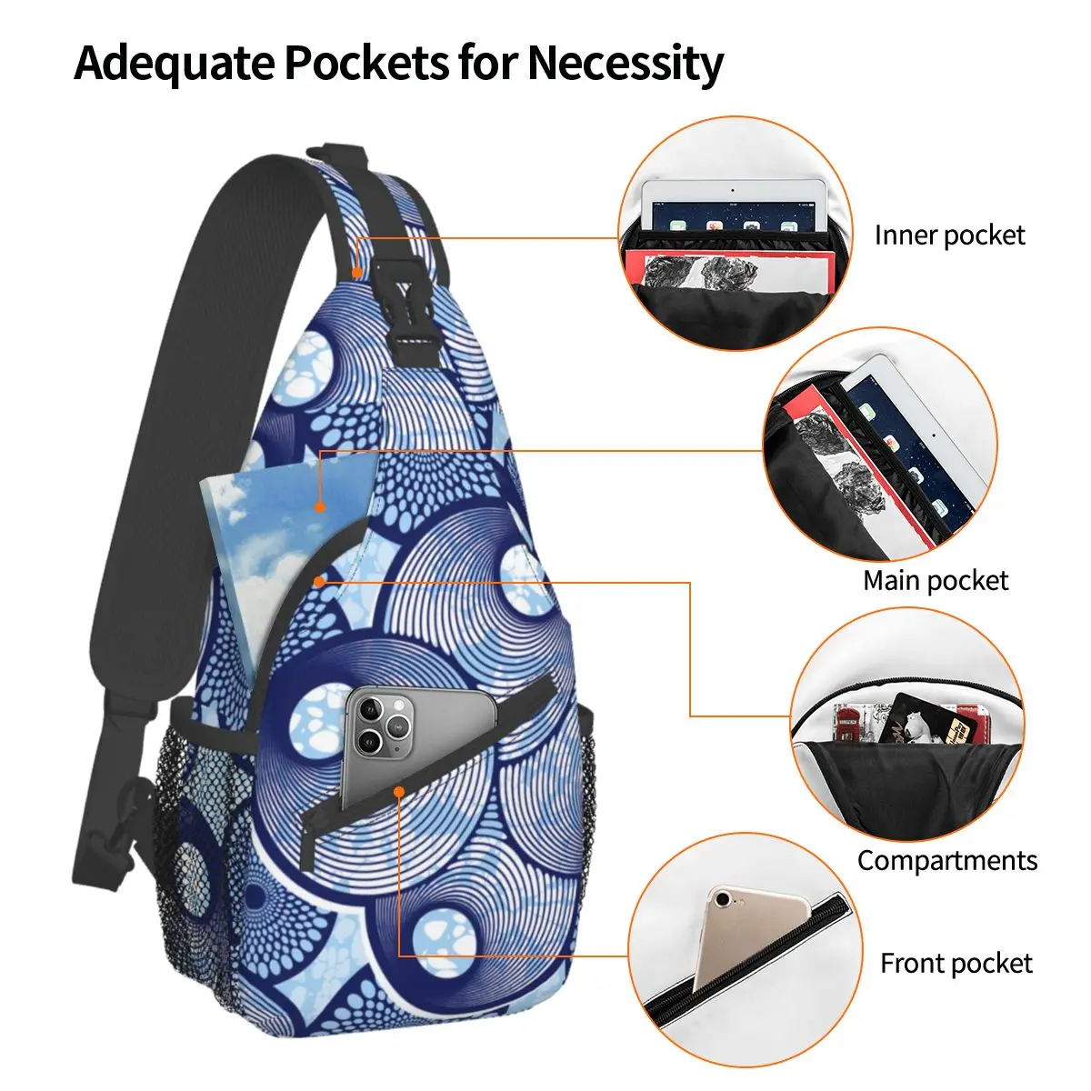 Textile Fashion Crossbody Sling Bags Casual Chest Bag african super wax Shoulder Backpack Daypack for Travel Hiking Sports Bag