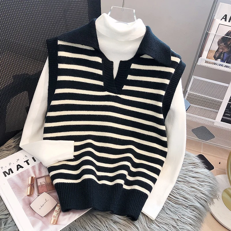 Striped Turn-down Collar Knit Vest For Women Spring Autumn 2024 New Contrasting Colors Tank Top Korean Loose Sleeveless Sweater