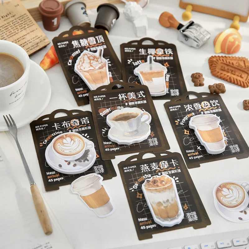 45 Pcs/pack Kawaii Self-Stick Note Pads Coffee Series Sticky Notes Memo Pads for Teacher Students Gifts School Office Supplies