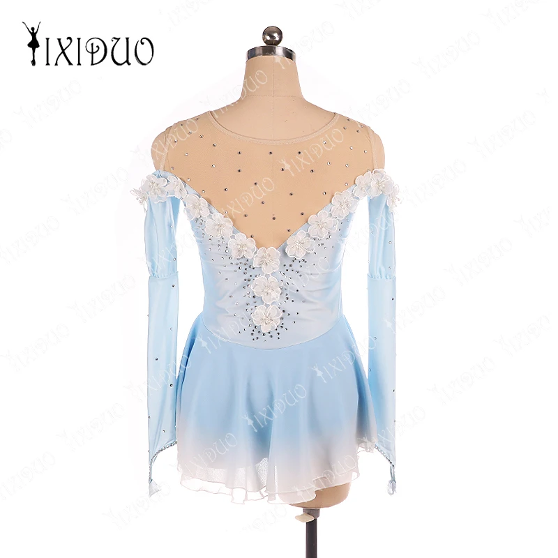 Women Figure Skating Competition Training Dress Customized Girls\' Light Blue Long Sleeve Artistic Gymnastics Performance Dress