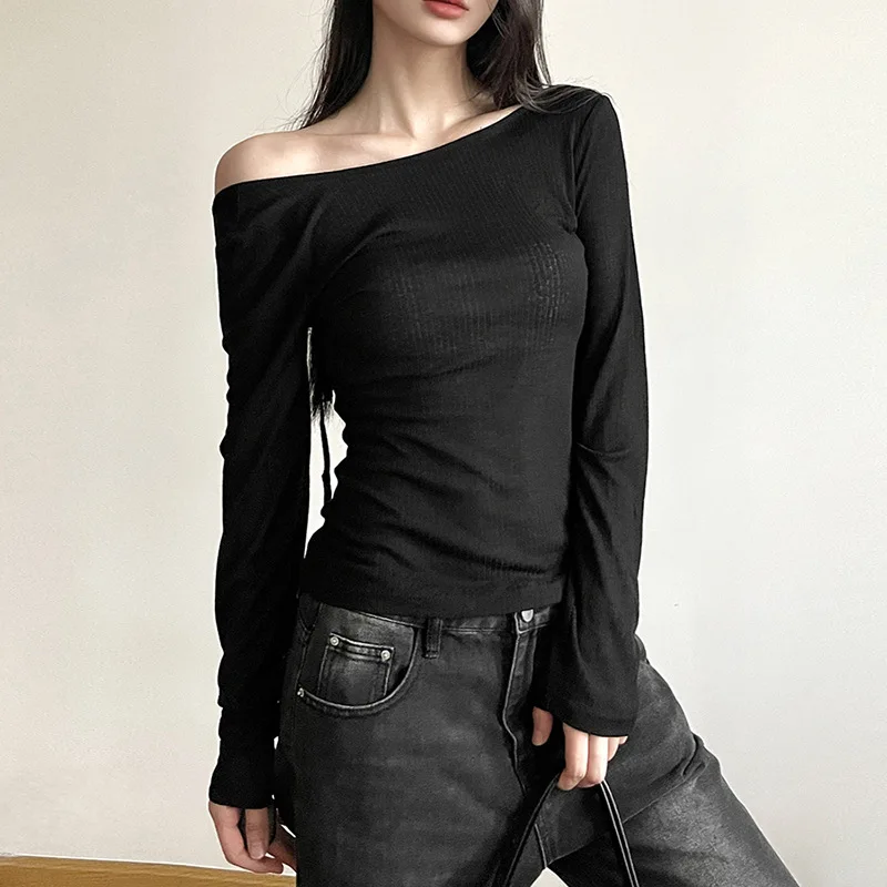 Y2K Asymmetric Single Shoulder Top Women's Ribbed Knitted Long Sleeve Adjustable Strap Strap Bareback Slimming T-shirt