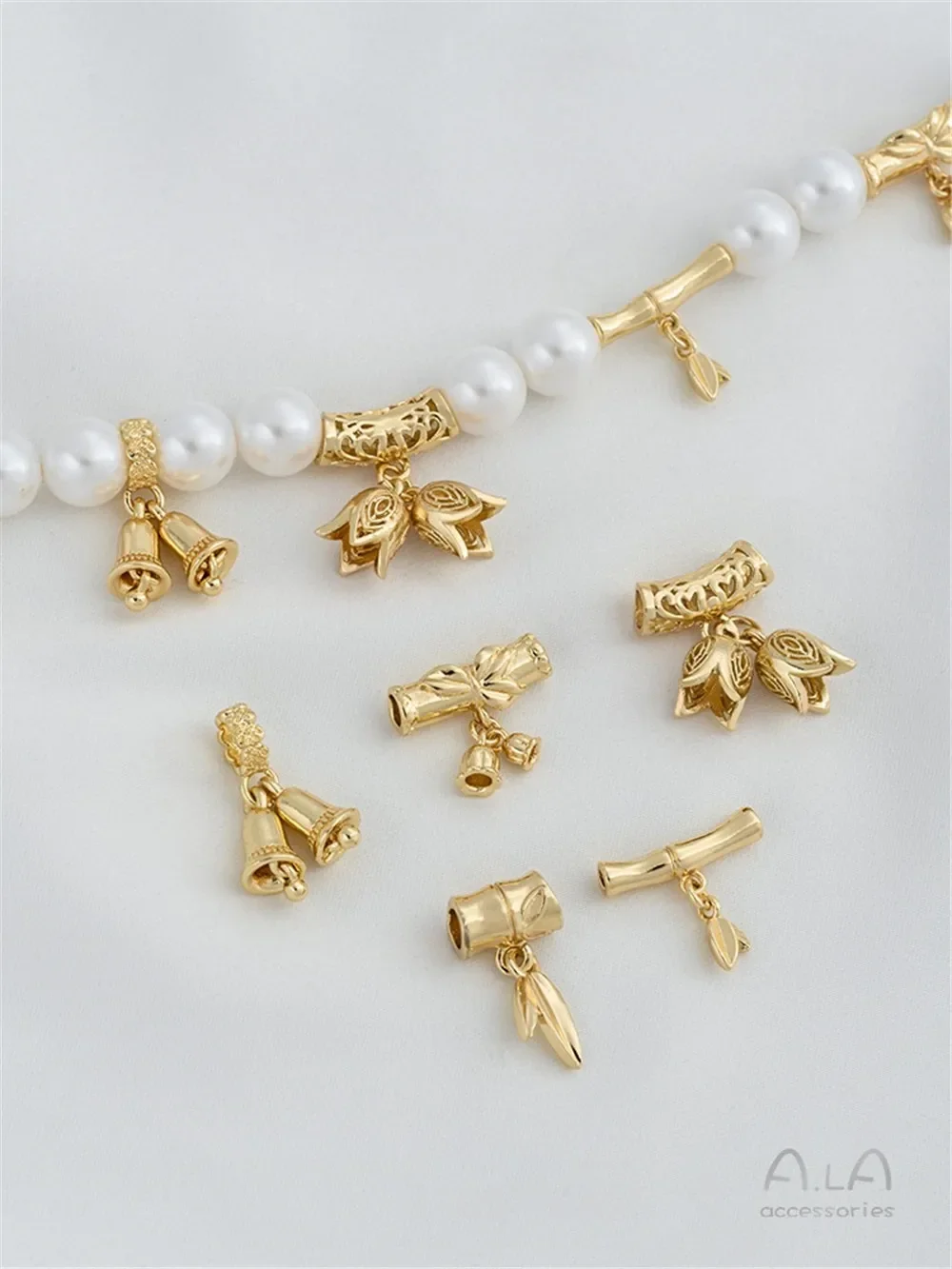 14K Gold-plated Bamboo Joint Tube Separated Beads Hanging Bamboo Leaves Flower Rings Orchids Bell Pendants DIY Bracelet Accessor