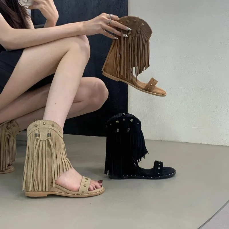 

Sandals for Women's Design Tassel Rivet Roman Sandals Women's Summer High-top Fashion Wedge Heel Cool Boots Sandalias De Tacón