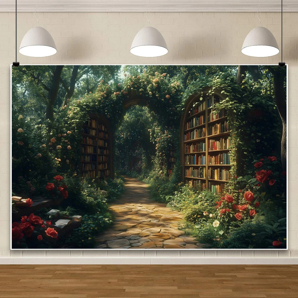 매직 가든 책장 사진 배경, 숲 녹색 용수철 풍경, 판타지 나비, 어린이 생일 초상화 배경