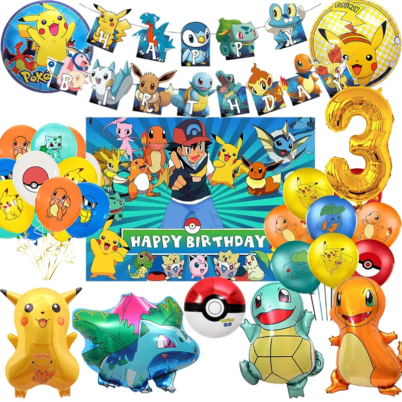 Pokemon Birthday Party Decoration Pikachu Balloon Disposable Tableware Backdrop Banner Cake Topper Baby Shower