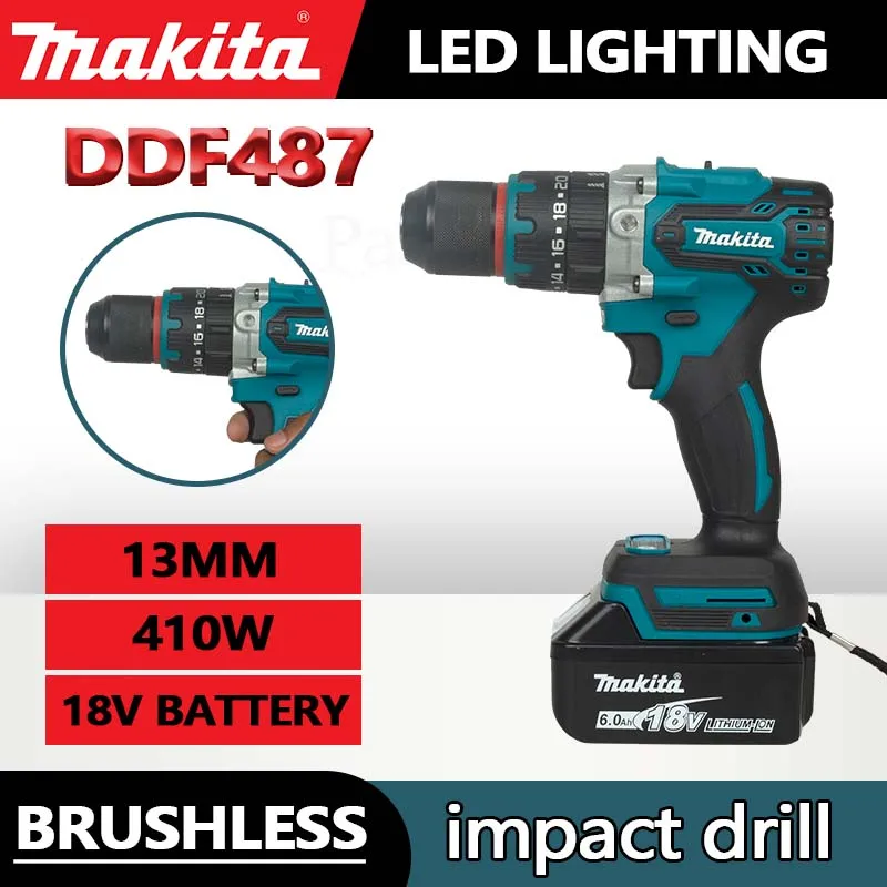 Makita DDF487 13mm red circle brushless lithium rechargeable impact drill,household hand drill,high torque electric screwdriver