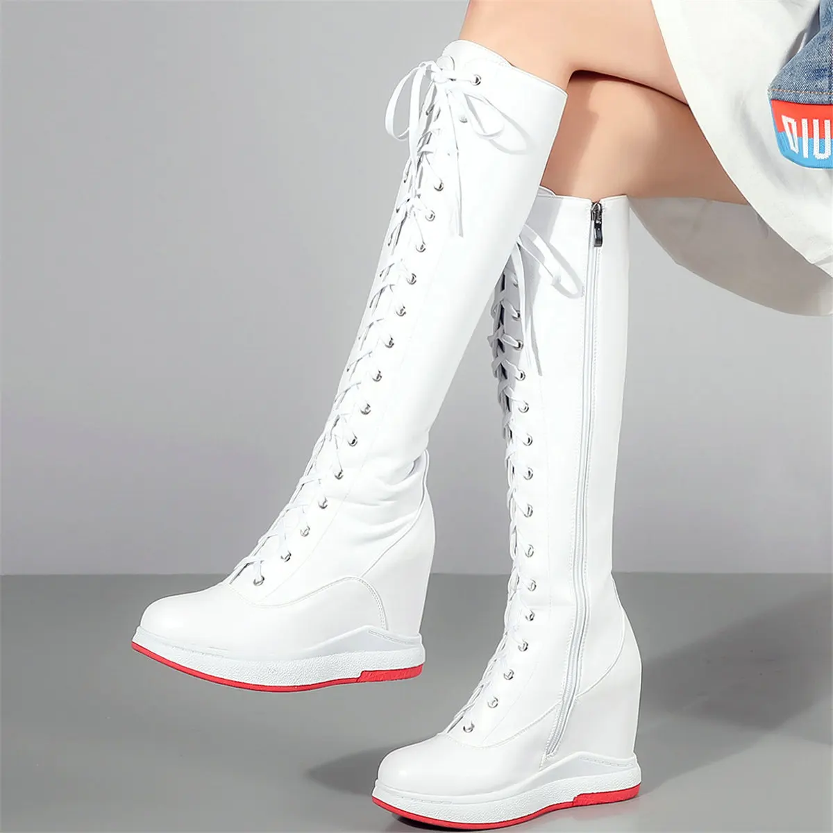 Pumps Plus Size Shoes Women Lace Up Genuine Leather Wedges Knee High Snow Boots Female Round Toe Fashion Sneakers Big Size Shoes