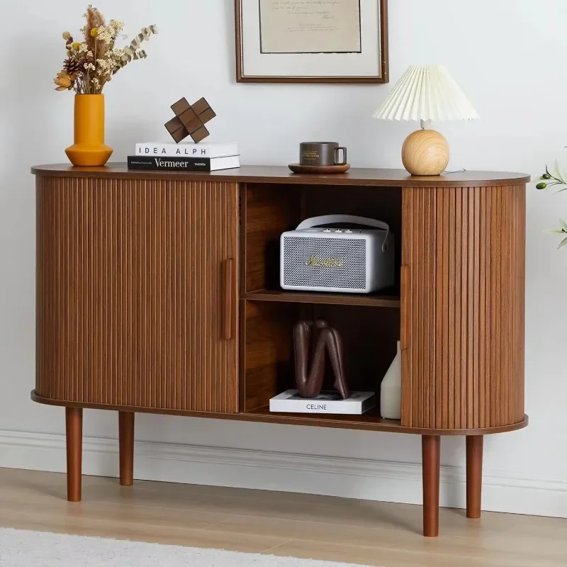 Farmhouse Adjustable Shelf Cabinet Console Sideboard Buffet Kitchen Locker Sliding Door with Groove