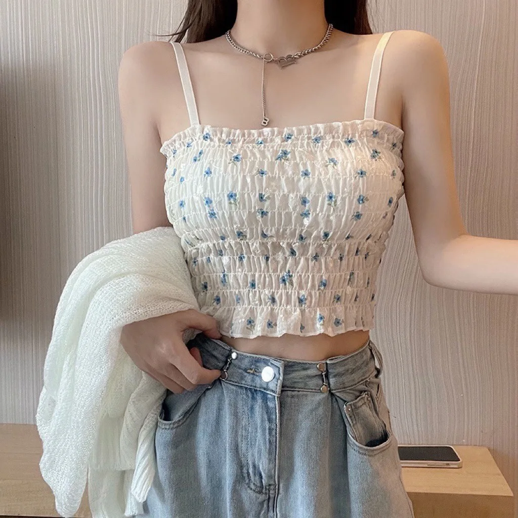 

Women Vest with Padded Floral Printed Camisole Woman Summer Sweet Spaghetti Strap Tank Top Female with Built In Bra Corset