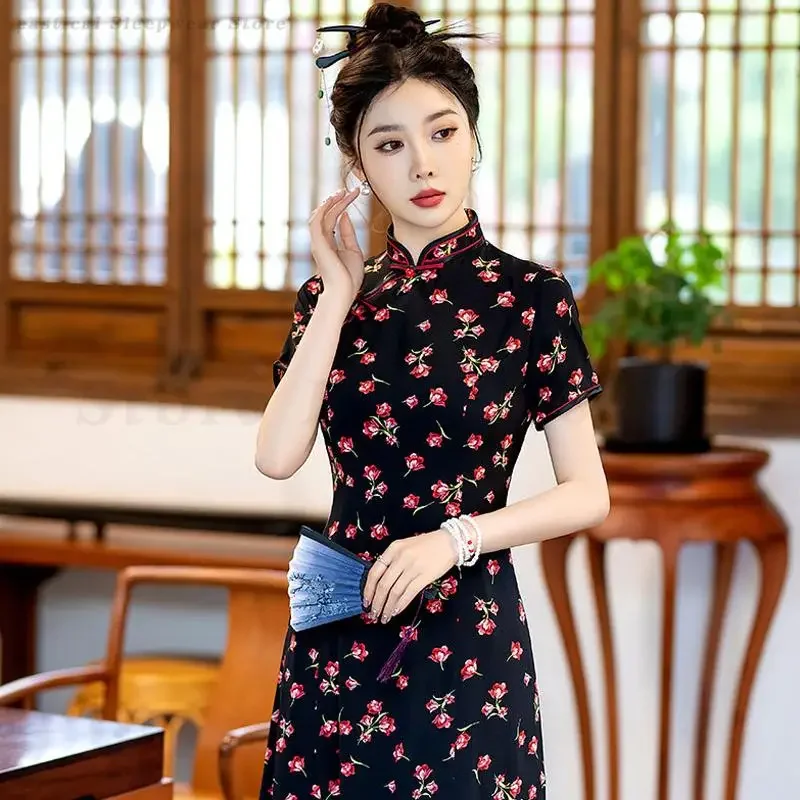 

Women Long A-Line Dress Print Floral Vestidos 2025 New Chinese Style Dress Elegant Cheongsams Summer Qipao Large Size 5XL Gown