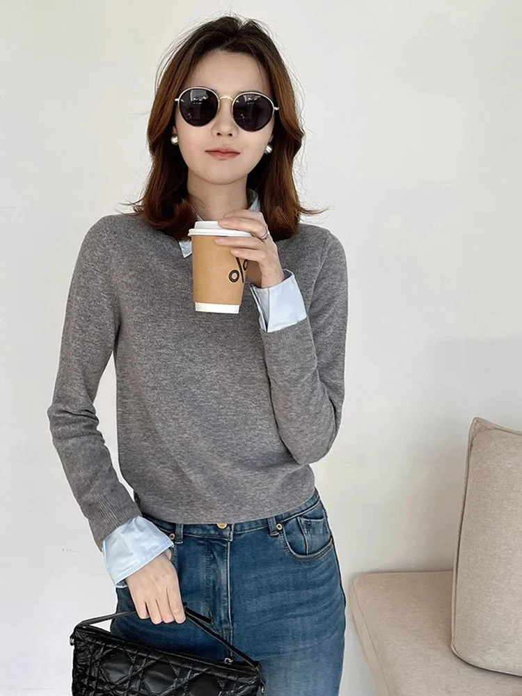 Korean Sle Faionable Knitted Sweater Autumn Winter Loose Long Sve Turn-down Collar Color Blo Top Women's Clothing