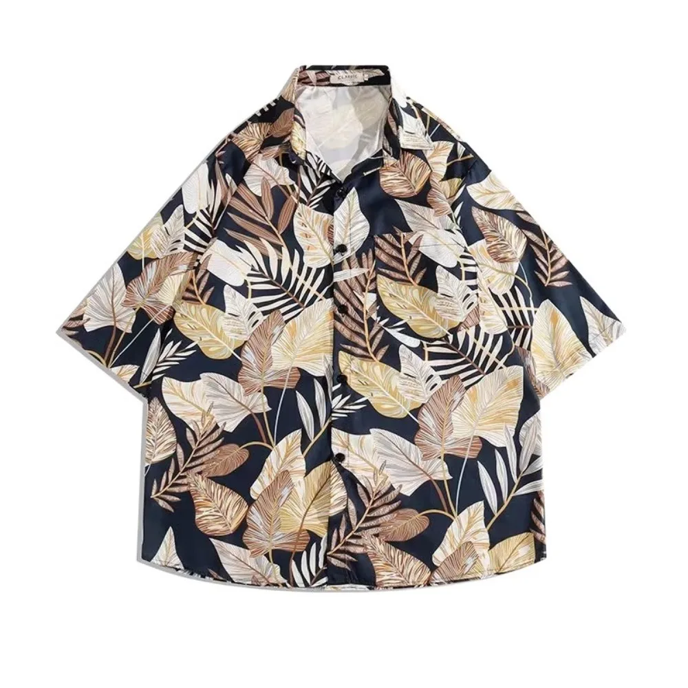 

Retro Hawaiian Style T-Shirt Floral Print Short Sleeve Couple Clothing T-Shirt V-neck Breathable Unisex Floral Blouse Seaside