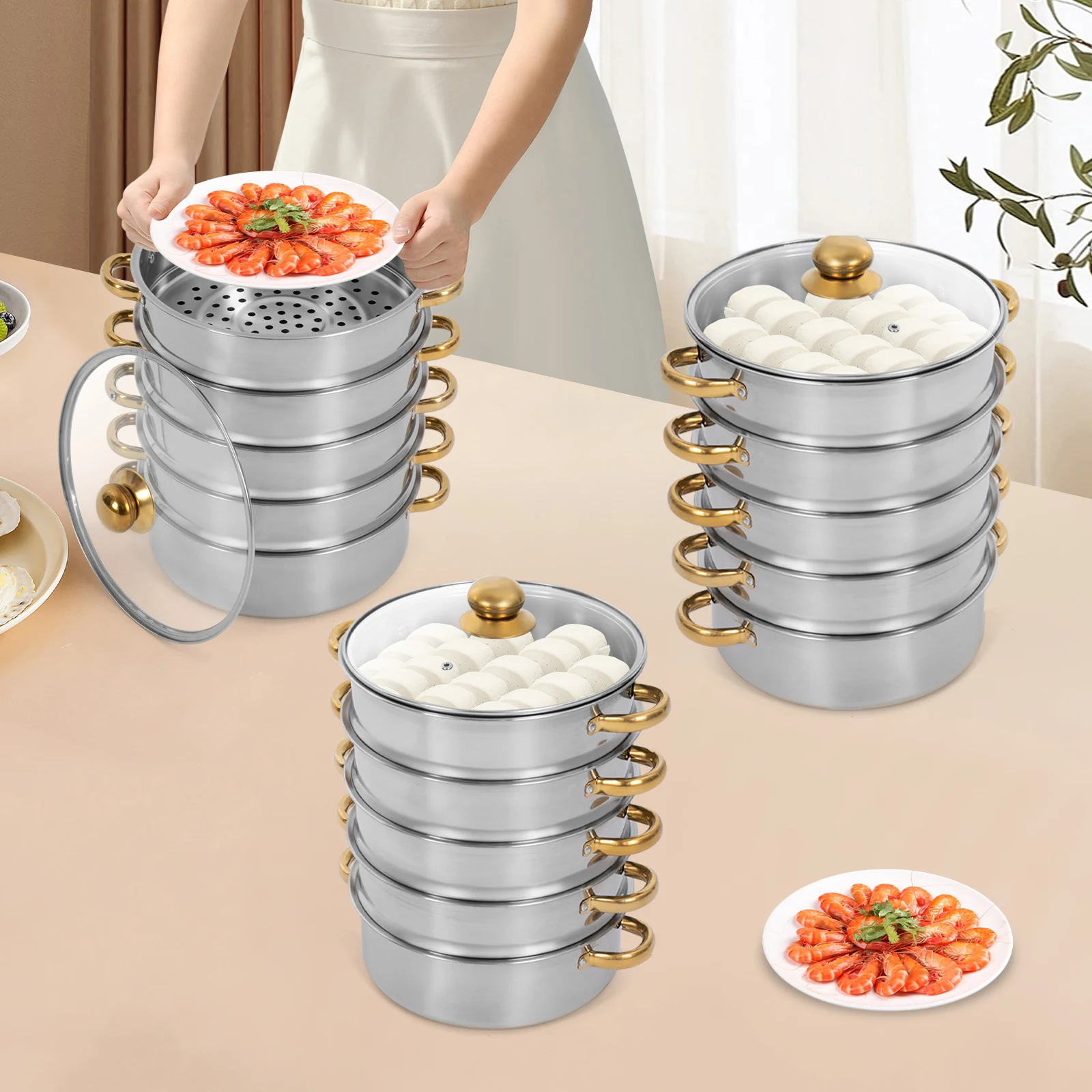 

5 Tiers Round Stainless Steel Steamer Cooking Pot with Golden Ears for Gas Stoves Induction Stoves and Electric Ceramic Stoves