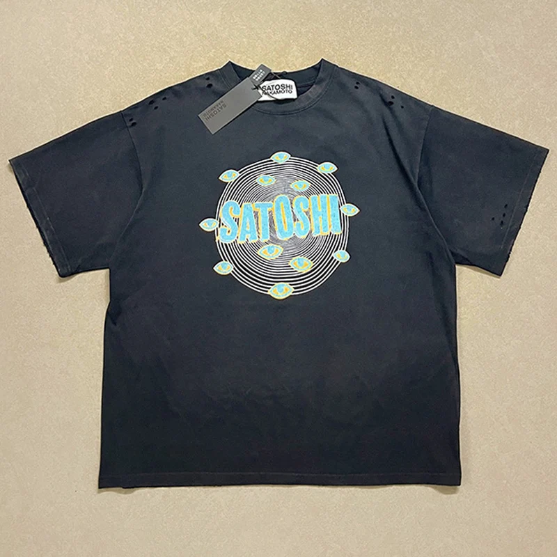 Hip Hop Multi-Eye Spiral Print Satoshi Nakamoto T-Shirt Men Women