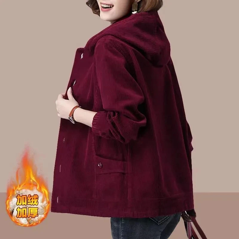 2023 Autumn Winter New Corduroy Coat 5xl Women\'s Hooded Jacket Warm Thicken Loose Long Sleeve Outerwear Female Casual Clothing