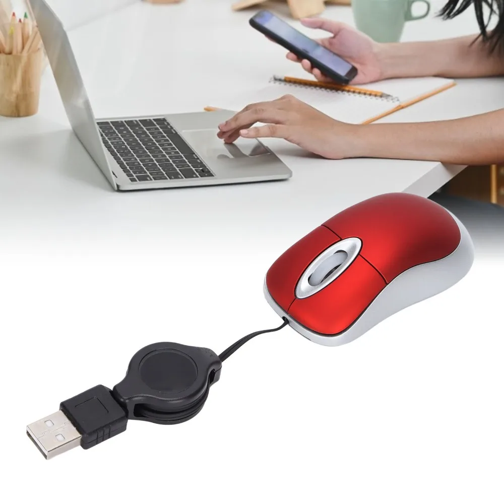 Small 1200 DPI Wired Mouse 3 Ways Wheel Mini Size USB Mouse Retractable Cable Compact Design Optical Mouse Computer Laptop