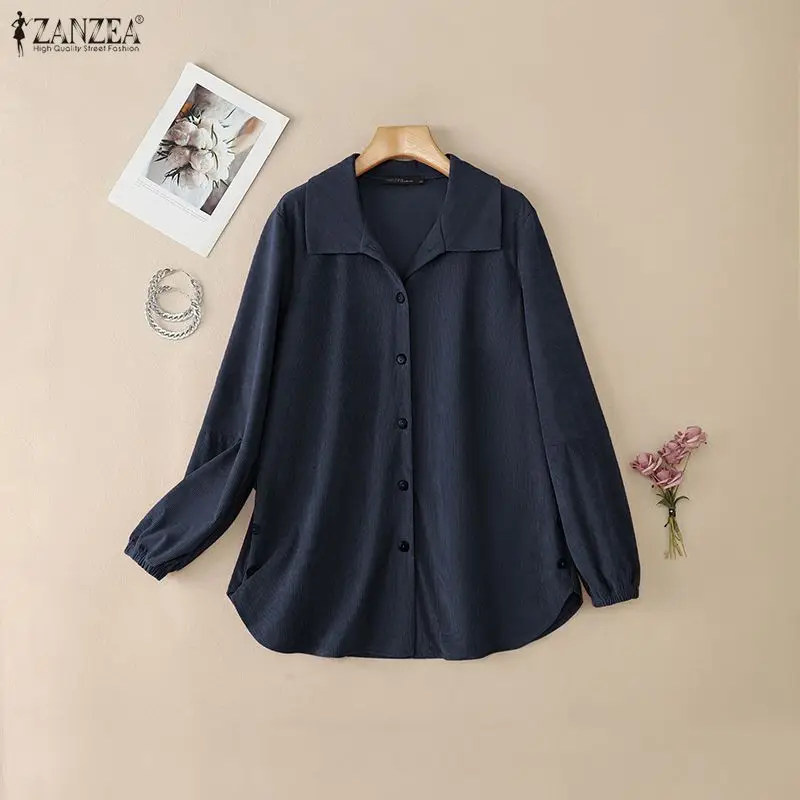 

Женские вельветовые длинные куртки, осенние однотонные женские пальто с отложным воротником и длинными рукавами ZANZEA, повседневные свободные рубашки S-3XL