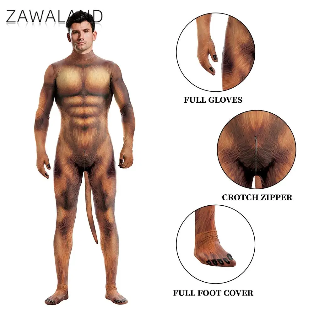 Zawaland-Combinaison avec Queue pour Homme, Costume Animal, Imprimé Abs, Noir, Bleu, Vert, Gris, Marron, Costumes complets de batterie, Entrejambe, Fermeture Éclair, Zentai, 5 Couleurs