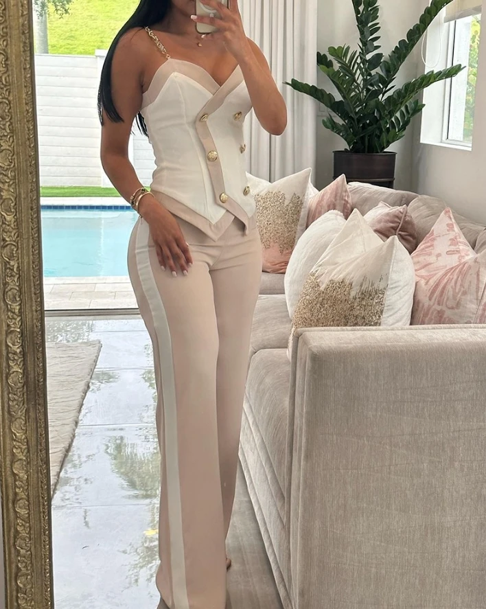 Ensemble deux pièces pour femme, col en V, double boutonnage, fibre JOStrap, pantalon à jambe droite, style décontracté, printemps, été, 2024