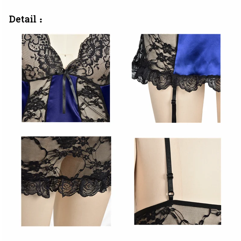 Sexy Pajamas For Women Lace-Trimmed Slip Nightdress Deep V-Neck Lace Suspender Nightdress Satin Stitching Underwear Lingerie