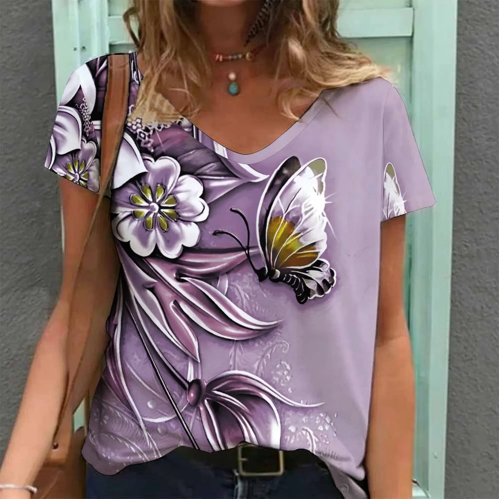 Women Print V Neck Short Sleeve Casual Loose Tunic Tops