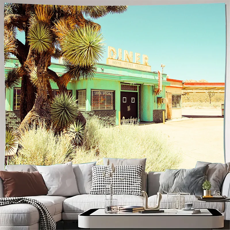 Retro Desert Diner with Joshua Tree and Turquoise Building Tapestry Machine Washable All Season Decor Home Elevate Your Space