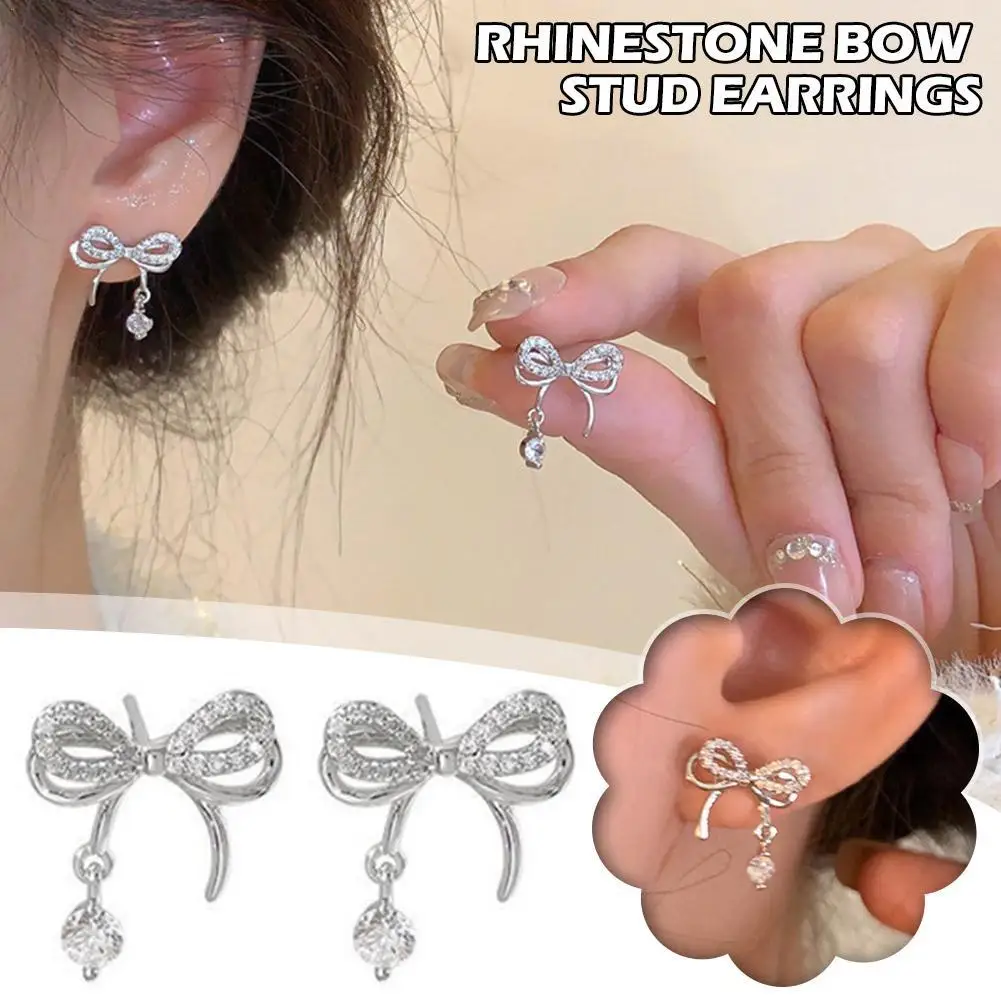 Rhinestone Bowknot Stud Earrings Fashion Silver Color Ribbon Bow Drop Earrings Korean Style Rhinestone Bow Ear Studs Jewelry