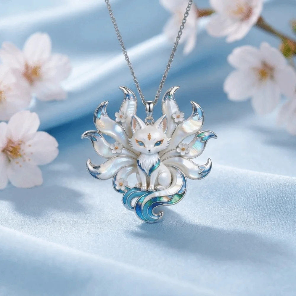 Enamel Look Nine-Tailed Fox Necklace Iridescent Finish Nine-Tail Fox Pendant Necklace Silver Tone Chain Floral Accents