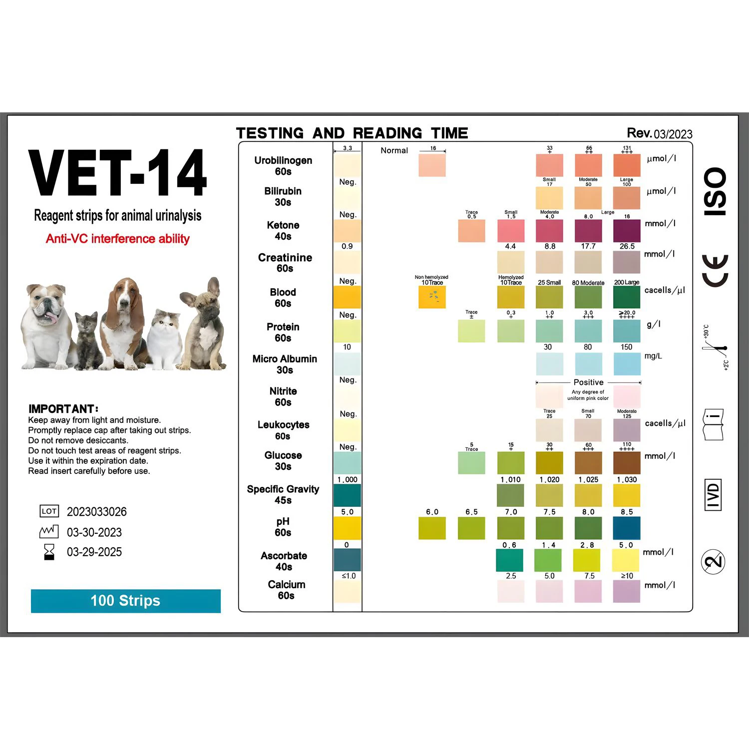 14 Parameters Pet Urine Test Strips 100 Pcs At Home Urinalysis for Dog Cat Clinic Use for Veterinarians Uti Diabetes Glucose