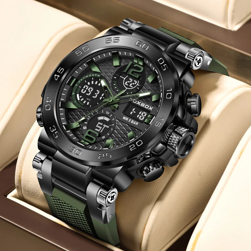 

FOXBOX спортивные военные мужские часы, водонепроницаемые кварцевые наручные часы с двойным дисплеем для мужчин, секундомер, Relogios Masculino + коробка
