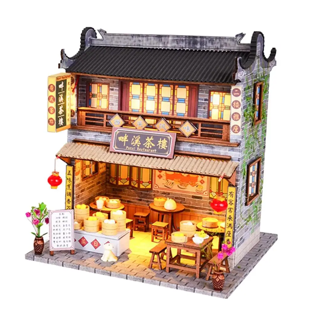 Kit per case delle bambole in miniatura 1:24 Casa da tè in legno con set da gioco LED per mobili