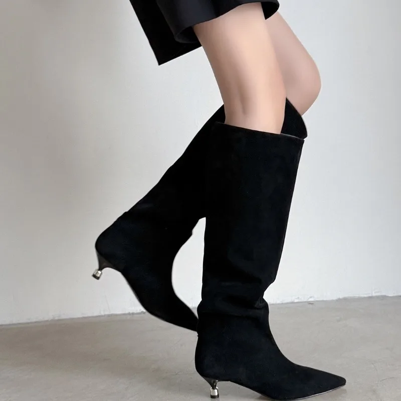 Fashion Retro Minimally Pointed Suede slim High Heels Knight Boots slip-on Knee-high Women's Shoes Pumps Botas De Mujer