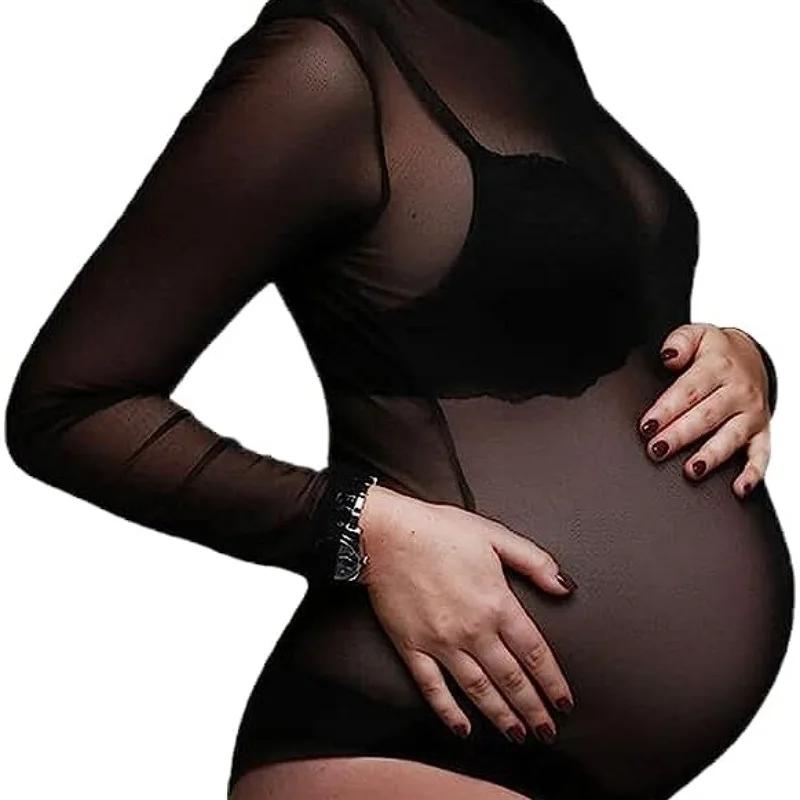 

Sexy Maternity Bodysuit for Photoshoot with Long Sleeves Plus Size Elastic Tulle Pregnant Women Shooting Jumpsuits #18470