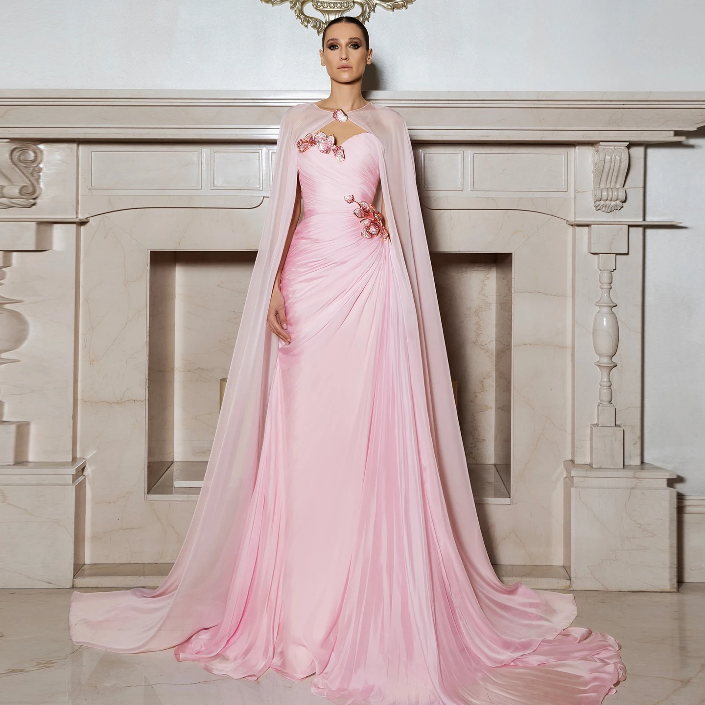 Sharon Said Hellrosa Meerjungfrau-Abendkleider, elegantes Cape, drapiert, Perlen für Frauen, Hochzeit, formelles Kleid SF223, individuell gestaltet