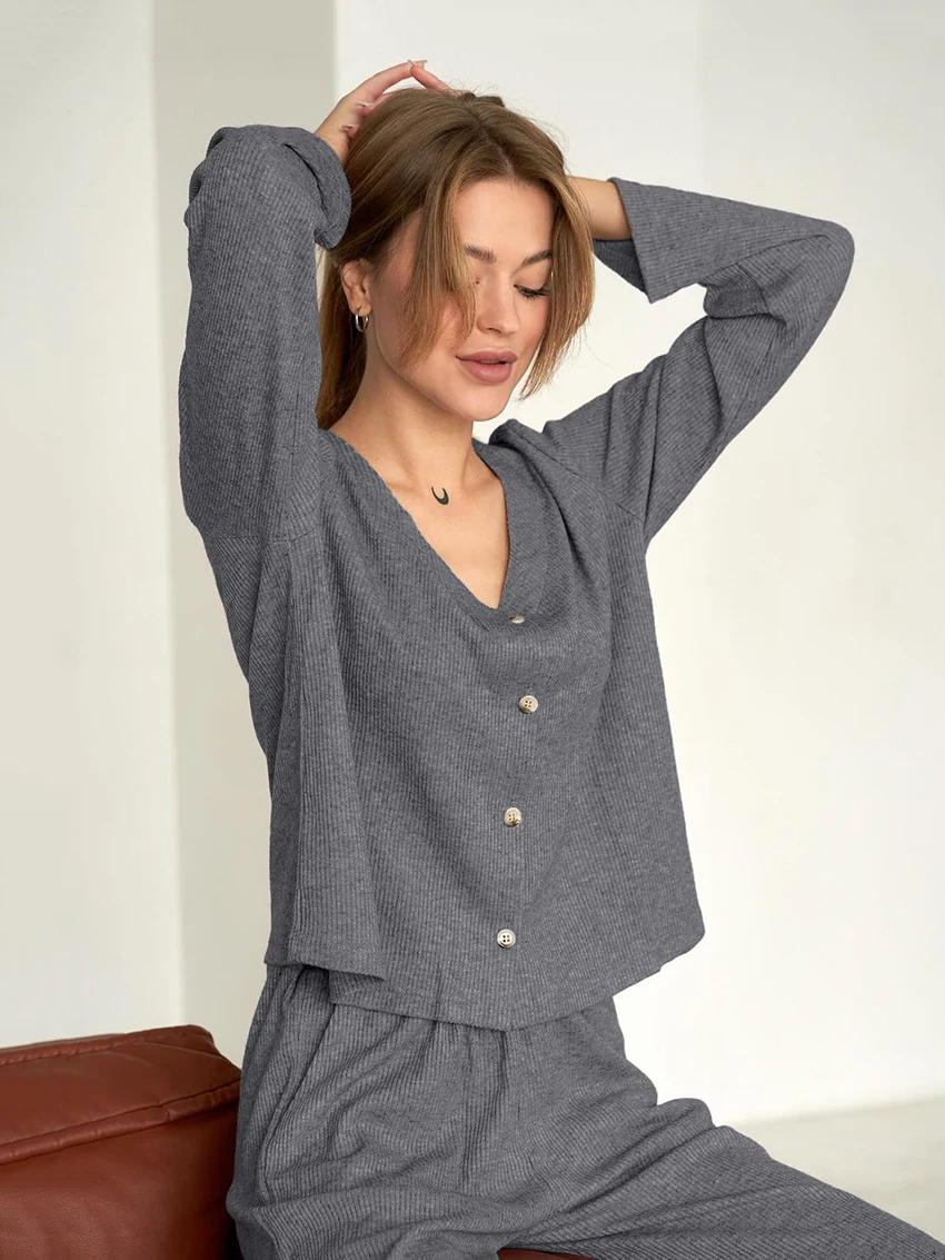 Marthaqiqi Pigiama da donna lavorato a maglia Completo da notte sexy con scollo a V Camicie da notte a maniche lunghe Pantaloni a gamba larga Set da notte casual da donna