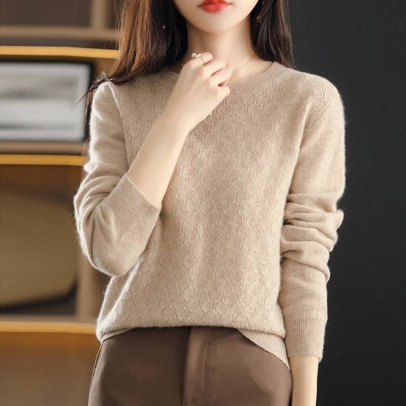 100% Wool Sweater Women Hollow Out Tops Autumn Winter O-neck Long Sleeve Knitted Fashion Female Pullover Casual Clothing Jumper