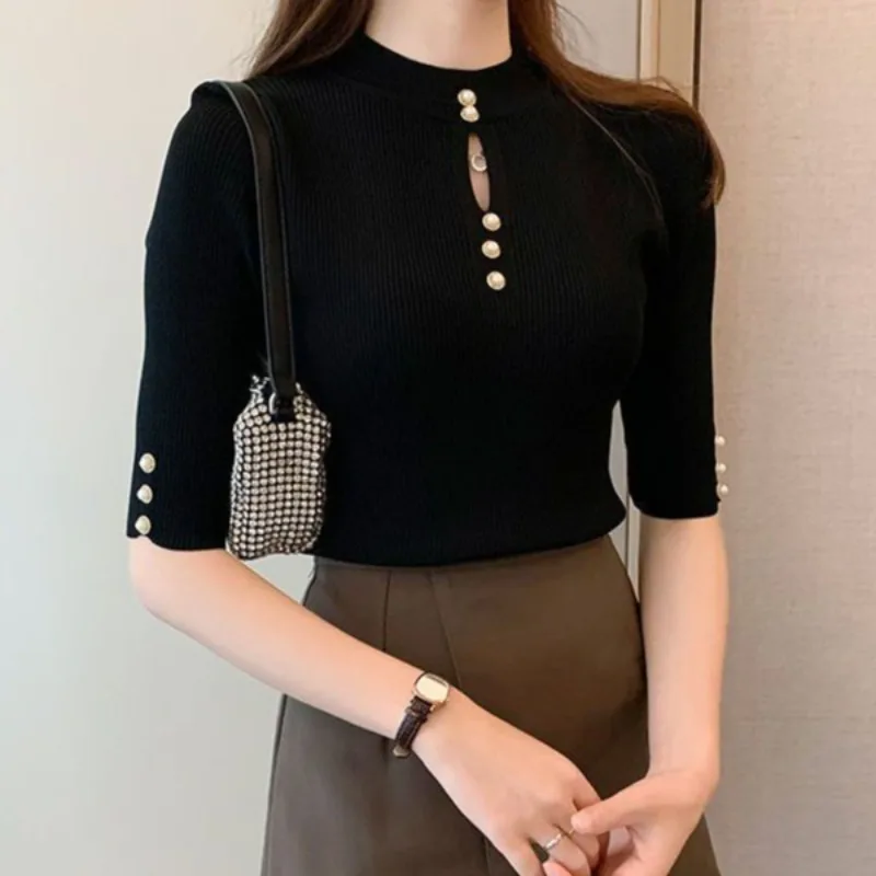 Half Sleeve Turtleneck Tunic Shirts Solid Pink Knitted Sweater T-shirts Hollow Buttons Design Elegant French Trendy Office Lady