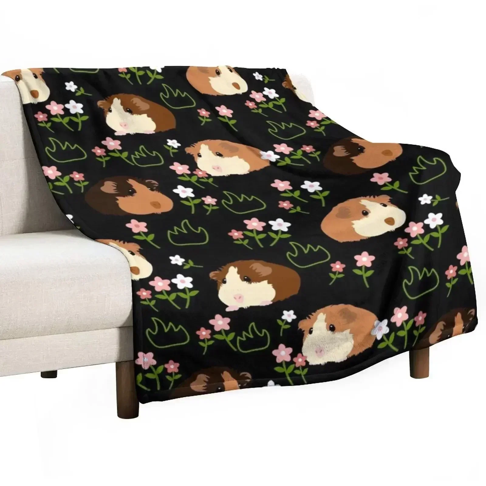 

Guinea Pig and Flowers - Black Throw Blanket Luxury Designer Plaid on the sofa Vintage Blankets