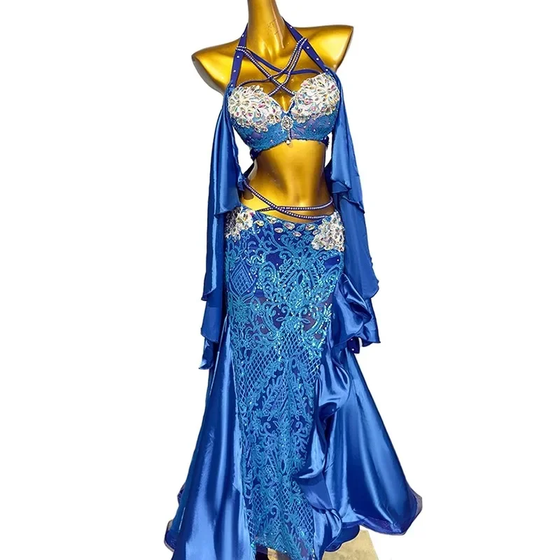 customized belly dance costume oriental dance performance dress rhinestone floating sleeve bra pearl fish tail long skirt set