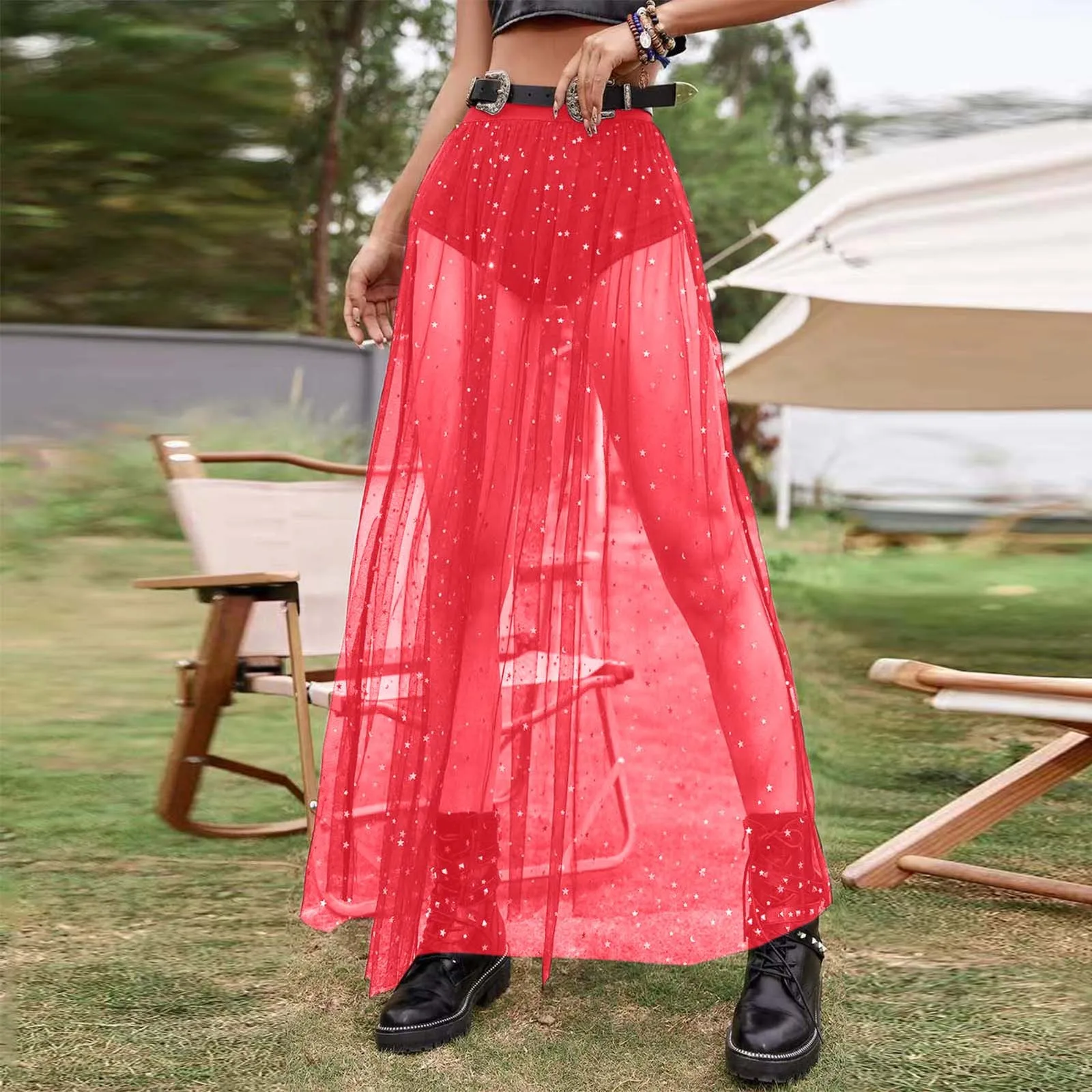 

Summer Long Lace Skirt Women Black Mesh Voile Casual Star Sequins Tulle Skirts Bohemian Sexy Transparent Maxi Underskirt 2024