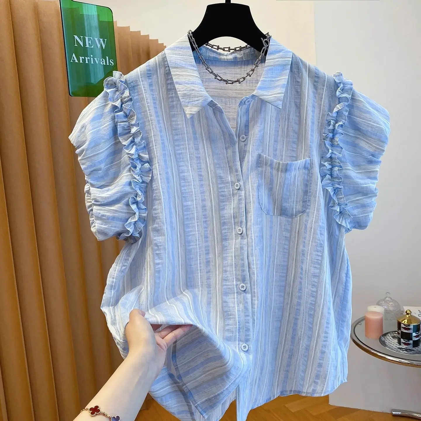 

Fashion Stripe Short Sleeve Shirt Summer Bubble New Shirt Top