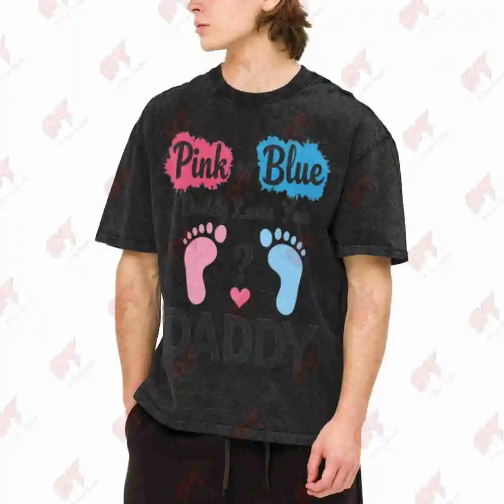 Daddy Loves You Gender Reveal Footprints Vintage Washed Tee Pure Cotton T-Shirt