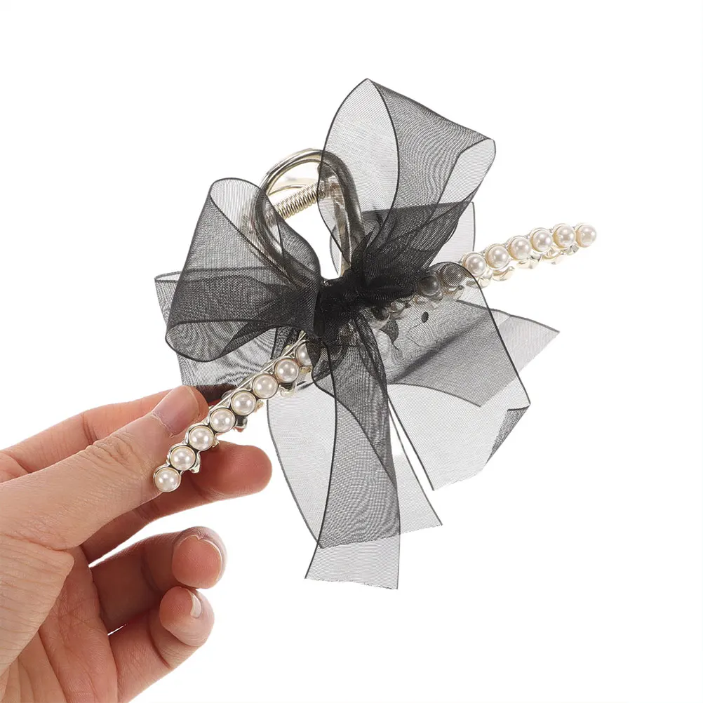 

2pcs Black Large Tulle Bowknot Claw Clips Faux Pearl Decorative Barrettes For Women Thick Hair Hold Secure Grip Hair