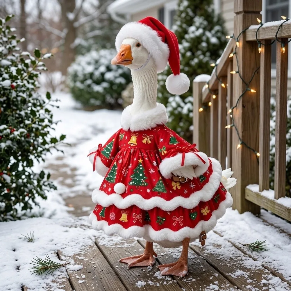 Christmas Goose Outfit Santa Hat Dress For 23 Inch White Porch Goose Statue Lawn Garden Holiday Decoration Accessories