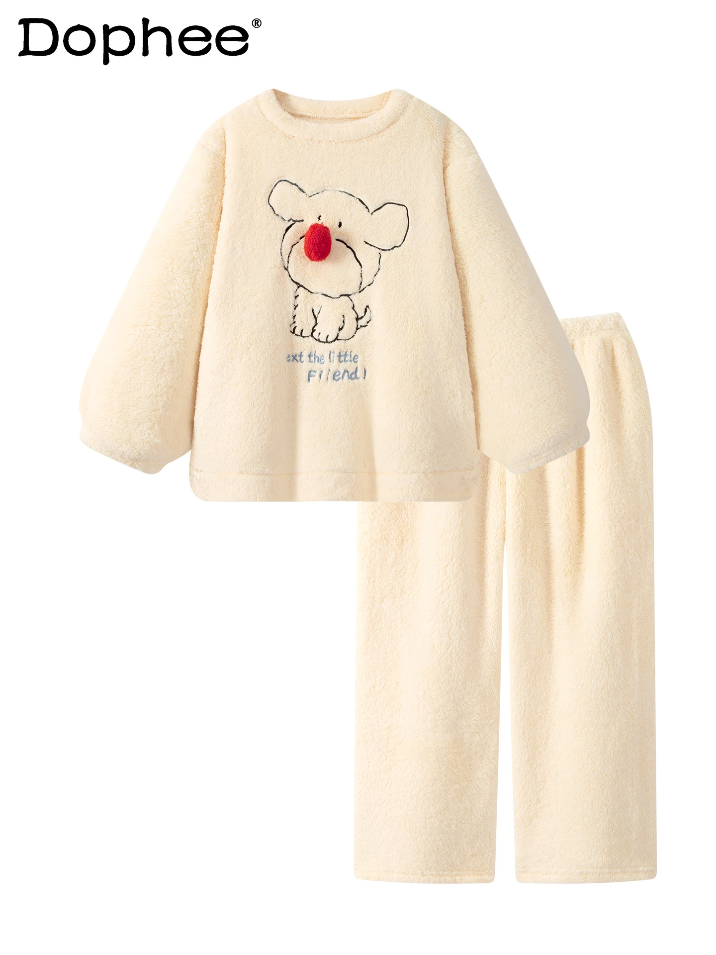 

Autumn Winter 2025 New Cartoon Cute Puppy Round Neck Coral Fleece Pajamas Thickened and Fleece-lined Wearable Homewear for Women